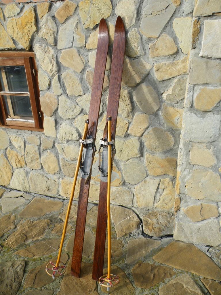 Stare Narty drewniane 160 cm + kijki