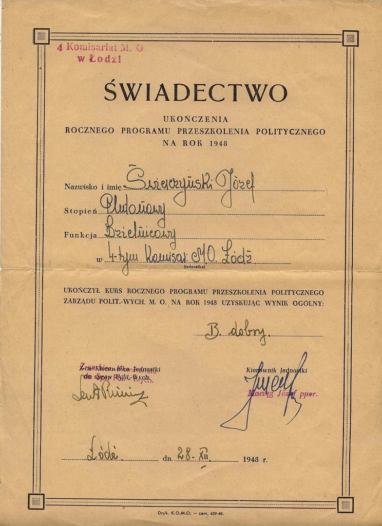 MILICJA OBYWATELSKA ŚWIADECTWO ŁÓDŹ 1948