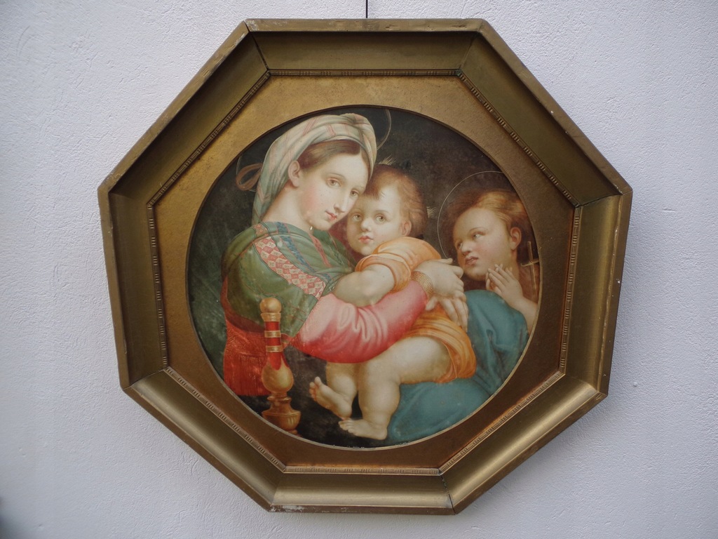 STARY OBRAZ TONDO RAMA OŚMIOKĄTNA DREWNIANA.