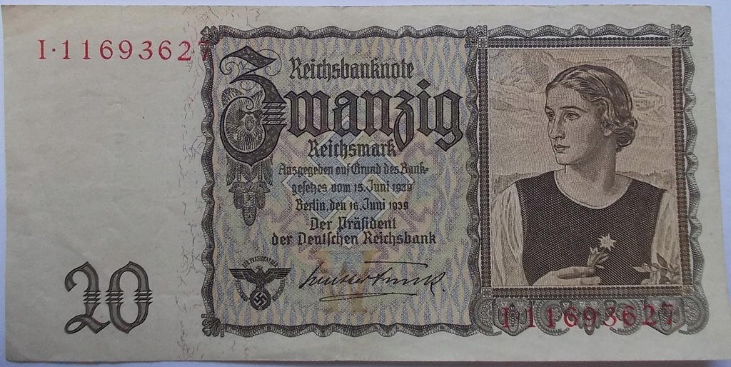 20 Reichsmark 1939 , Ros. 178a , st.2-