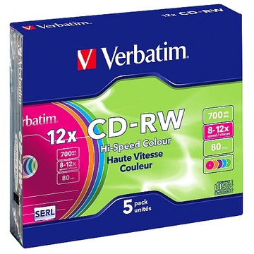 CD-RW диски 700Мб 12х цветные Verbatim 5 шт.