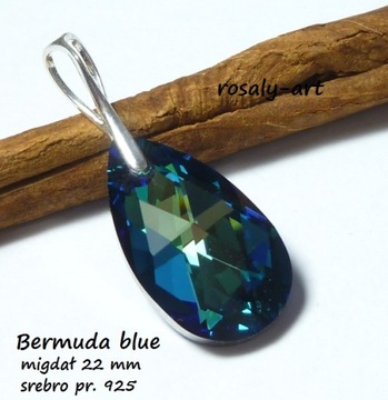 Подвеска Swarovski BERMUDA BLUE, серебро Миндаль 22 мм