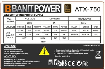 БЛОК ПИТАНИЯ 750 Вт 80+ ЧЕРНЫЙ 14 см 4xSATA 2xPCI-e Высота 24