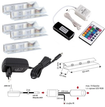 SET 5 POINTS RGB LED зажим для стеклянных полок + блок питания