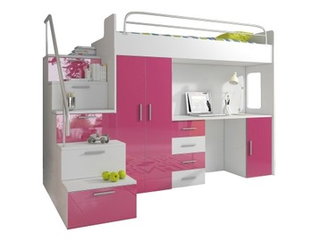 Bunk bed raj 4s - table+ cabinet+ steps - facades pink gloss, фото