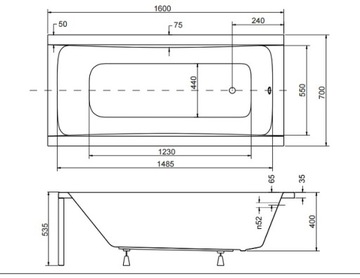 BESCO OPTIMA ПРЯМОУГОЛЬНАЯ ВАННА 160x70 НОЖКИ СИФОНА