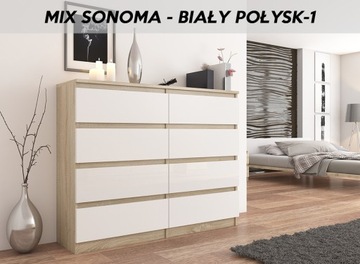 Duża KOMODA 140 SZAFKA 8 SZUFLAD Sonoma MIX POŁYSK