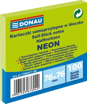 KARTECZKI SAMOPRZYLEPNE NOTES 76X76 NEON ZIELONE