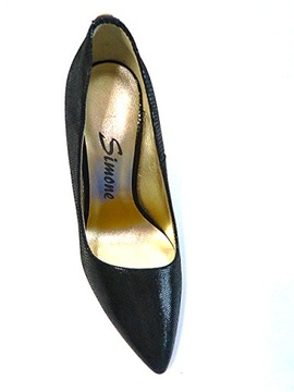 Czółenka klasyczne szpilki skórzane eleganckie buty szpilka złota ozdoba Bł