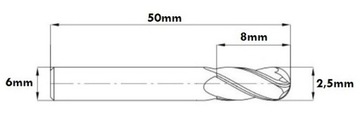 FREZ WĘGLIKOWY 2,5mm CHWYT 6mm DŁUGOŚĆ 50mm 2F