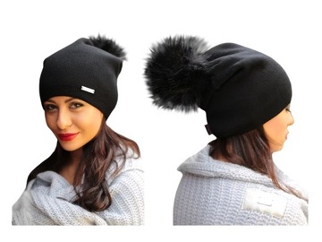 ELEGANCKA CZARNA Czapka Krasnal-Pompon Jenot C7 PL