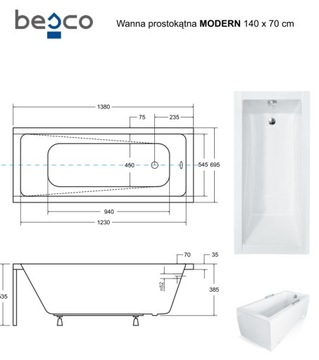 ВАННА 140x70 MODERN BESCO включая корпус и раму сифона