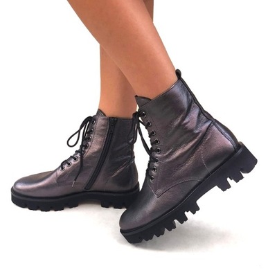 HOGL _ worker boots, metaliczna skóra antracyt lekkie zelówki z bieżnikiem