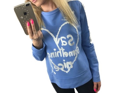 Bluza DAMSKA MŁODZIEŻOWA NIEBIESKA Say something nice!! CEKINY