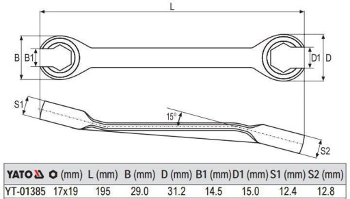 Ключ накидной полуоткрытый 17 х 19 мм YATO YT-01385