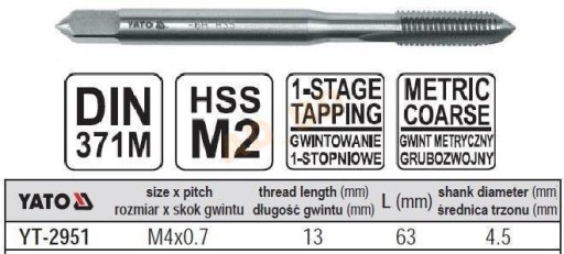 Gwintownik Maszynowy M4x0.7 YATO YT-2951 METRYCZNY