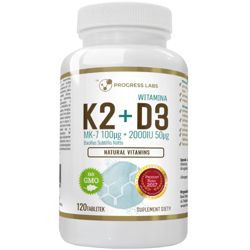 PROGRESS LABS WITAMINA K2 MK-7 100 MCG NATTO + D3 2000IU 120 tab + PILL BOX