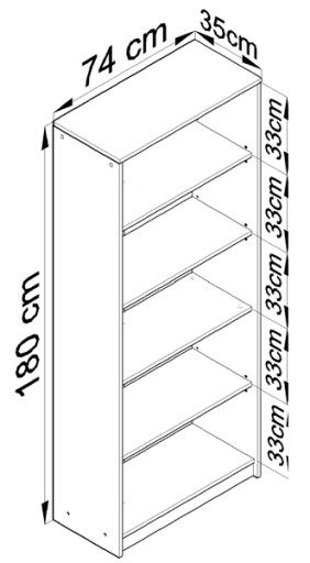 Открытый книжный шкаф для офиса 74х35х180см 5 ПОЛОК