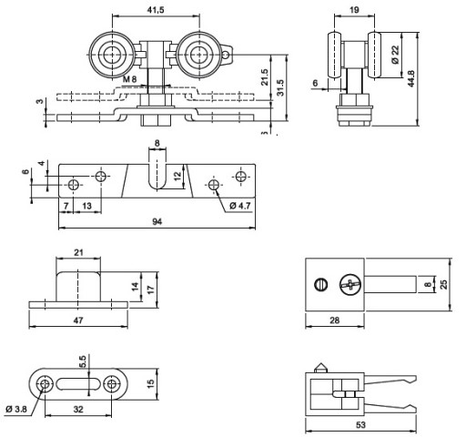 System przesuwny do 100 kg komplet 160 cm + klamry górne