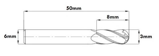 FREZ WĘGLIKOWY 3mm CHWYT 6mm DŁUGOŚĆ 50mm 2F 45HRC