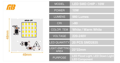 LED COB MODULE 10Вт SMD2835 теплый белый 230В