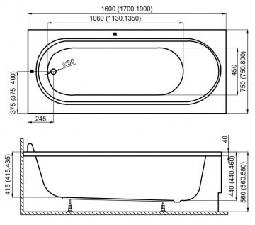 POLIMAT MEDIUM ВАННА 160x75 СИФОН АКРИЛОВЫЙ КОРПУС