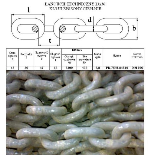 TWARDY ŁAŃCUCH TECHNICZNY PN-75/M-84540 13x36KL5