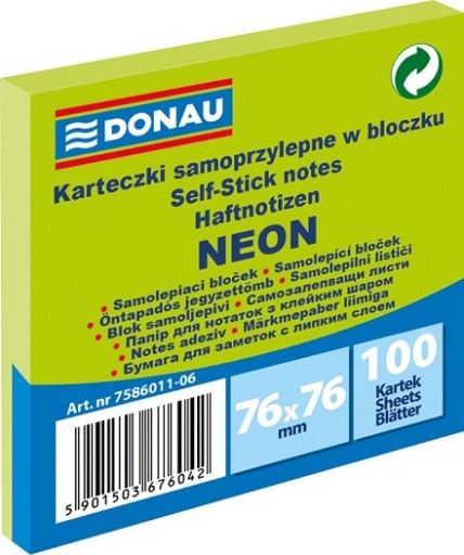 KARTECZKI SAMOPRZYLEPNE NOTES 76X76 NEON ZIELONE