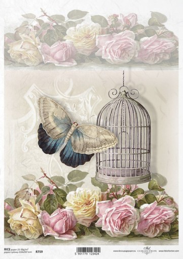 Papier ryżowy A4 R0759 - motyl klatka róże