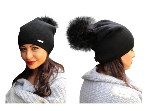 ELEGANCKA CZARNA Czapka Krasnal-Pompon Jenot C7 PL